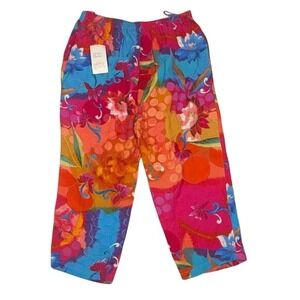 Phool Womens XL Floral Wide Leg Crop Pants Fuchsia Multi Elastic Waist 5522 NEW